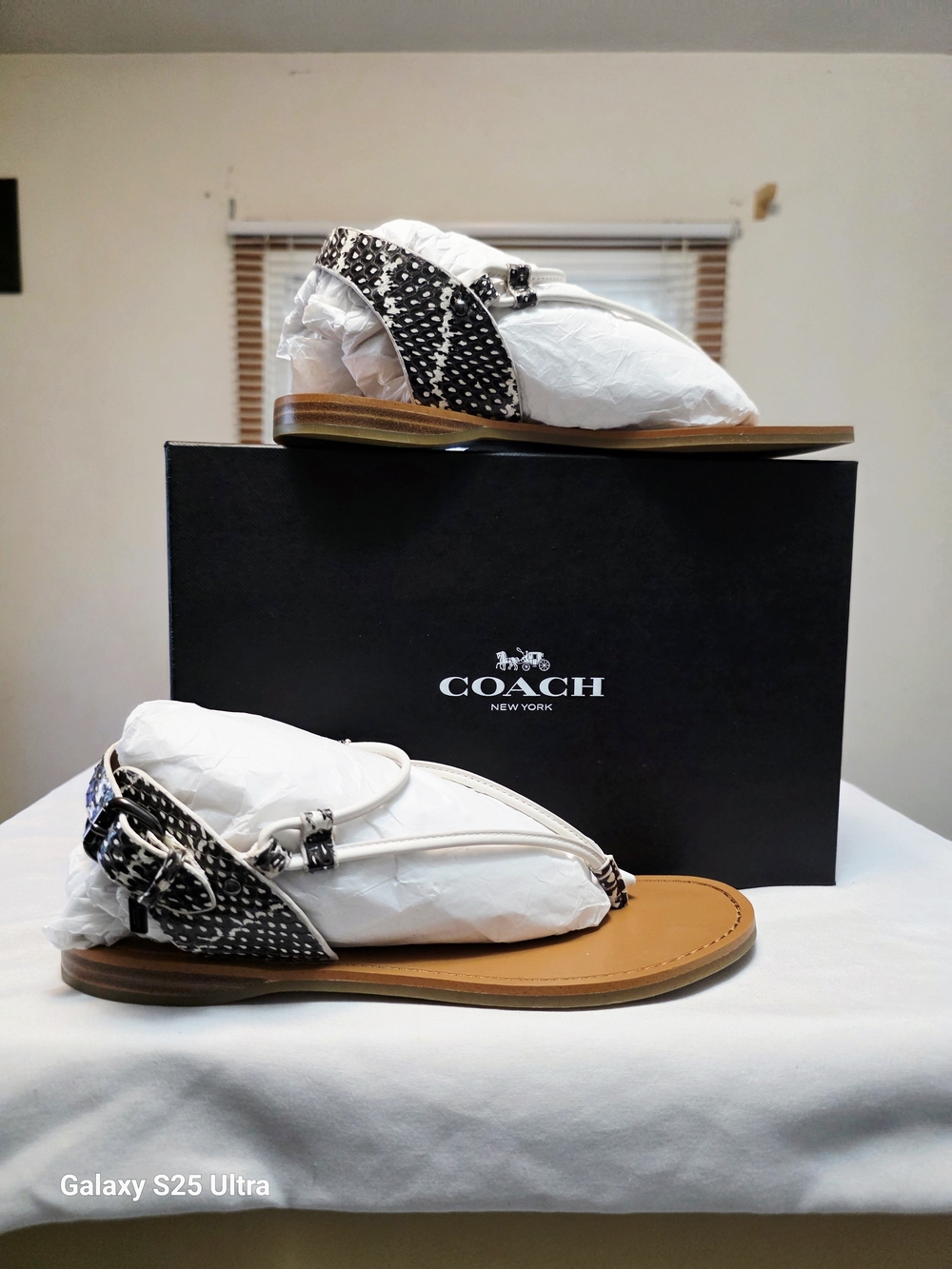 COACH Clarkson Snake/Matte Calf Leather Sandals In Black-White/Chalk Size 7.5M